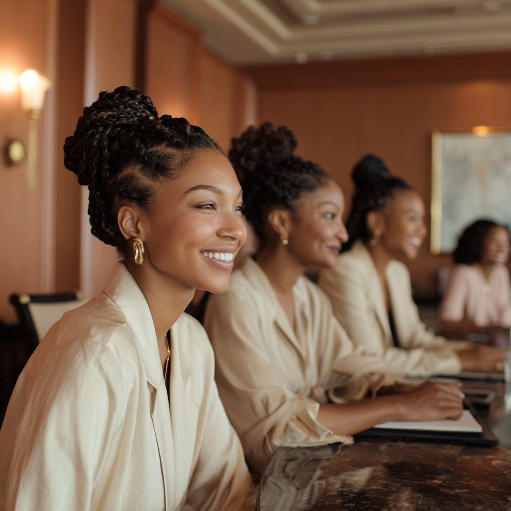 Women seated at a boardroom table during a session