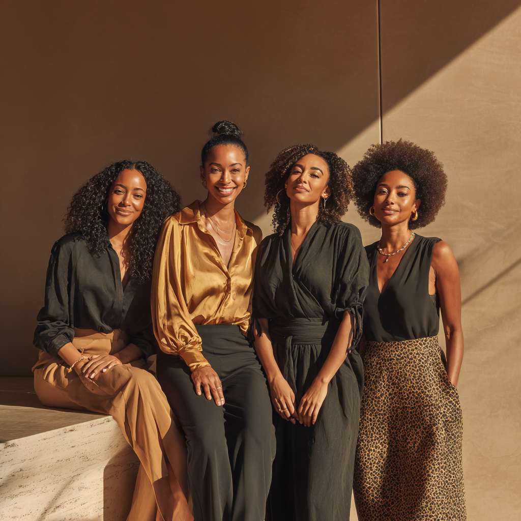 Four elegant women in black and gold ready for the Wealthy & Worthy experience